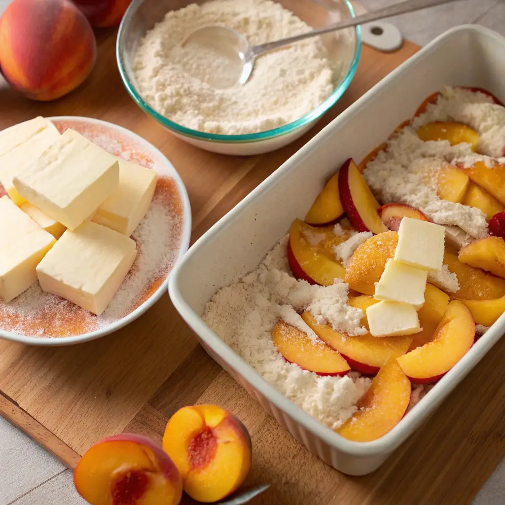 Process of making peach cobbler showing butter pats being placed over dry cake mix and peaches.