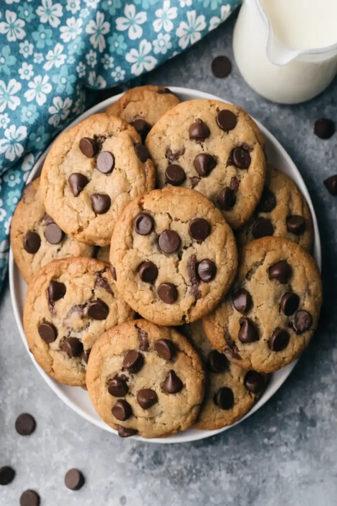 Chewy Small Batch Chocolate Chip Cookies (No-Chill & One-Bowl!) 1 Freshly baked golden chewy small batch chocolate chip cookies with melted chocolate pools and flaky sea salt on a clean white surface.