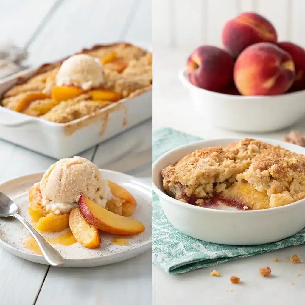 Side by side comparison showing the difference between peach cobbler biscuit topping and peach crumble streusel topping.
