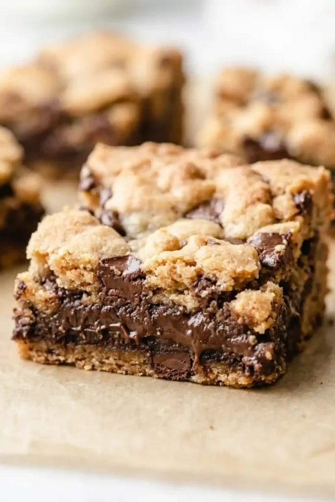 Fudgy Brookie Recipe: The Ultimate Brownie Cookie Bars 1 A neat vertical stack of thick, sliced brookie recipe bars showing a glossy, dark chocolate brownie bottom layer and a soft, golden-baked chocolate chip cookie top layer on a white ceramic plate.