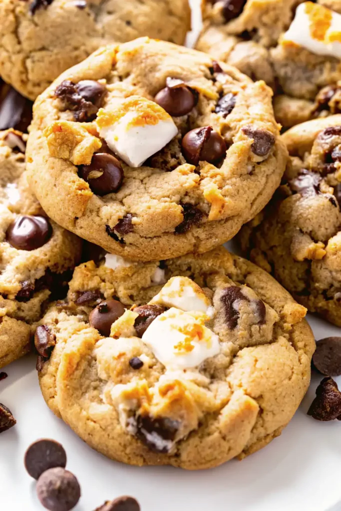 A warm s'mores cookie being pulled apart to reveal a gooey, stretchy marshmallow center with melted chocolate chunks.