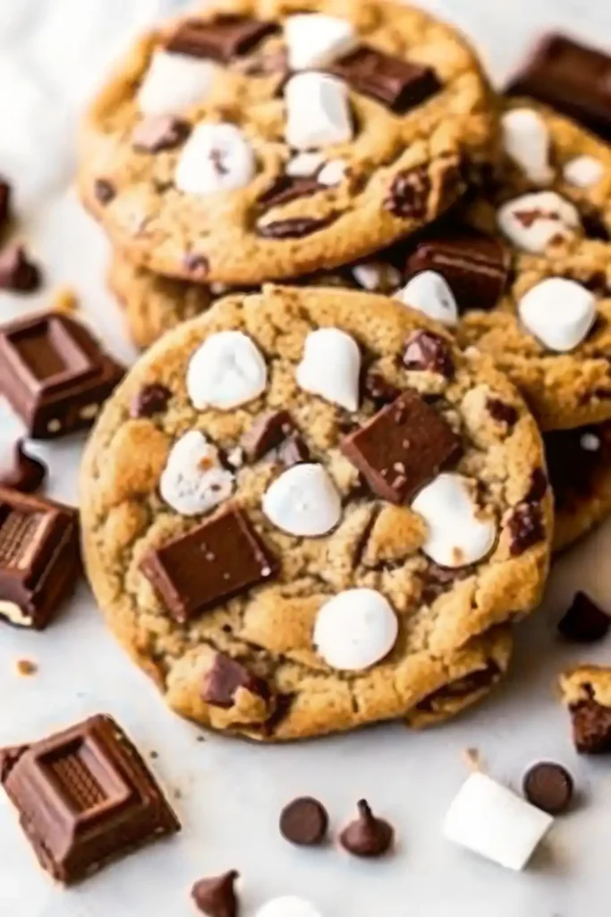 A stack of three thick, soft-baked s'mores cookies topped with toasted marshmallows and melted chocolate on a white cooling rack.