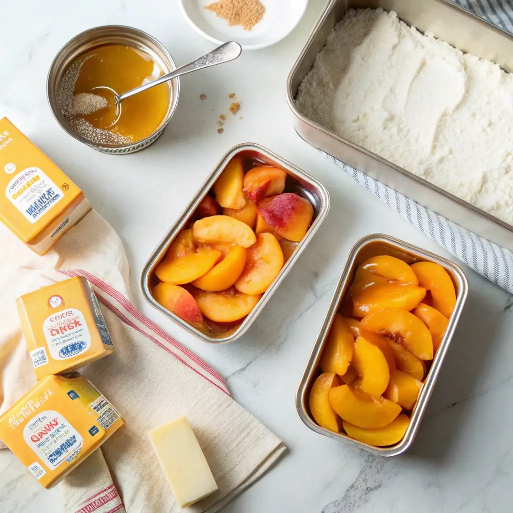 Overhead view of ingredients for peach cobbler: canned peaches, yellow cake mix, and butter on marble.