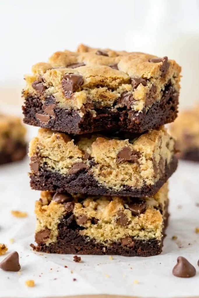 Fudgy Brookie Recipe: The Ultimate Brownie Cookie Bars 7 A beautiful overhead shot of sliced marbled brookies cleanly arranged on a modern, light-gray ceramic platter next to a soft linen napkin and scattered chocolate chips on a bright marble surface.