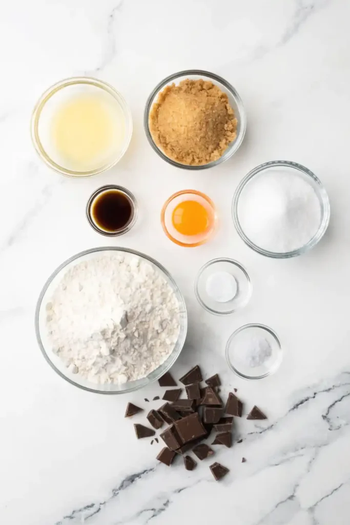 Chewy Small Batch Chocolate Chip Cookies (No-Chill & One-Bowl!) 3 Pre-measured ingredients for small batch chocolate chip cookies arranged in small glass bowls on a white marble background.