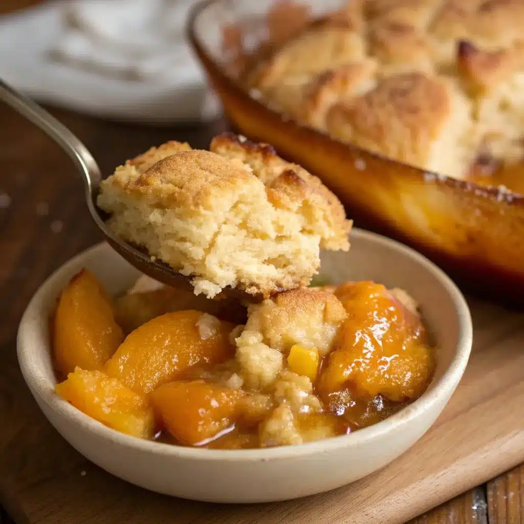 Close up of peach cobbler showing the soft, biscuit-like topping texture characteristic of the difference between peach cobbler and a crumble.