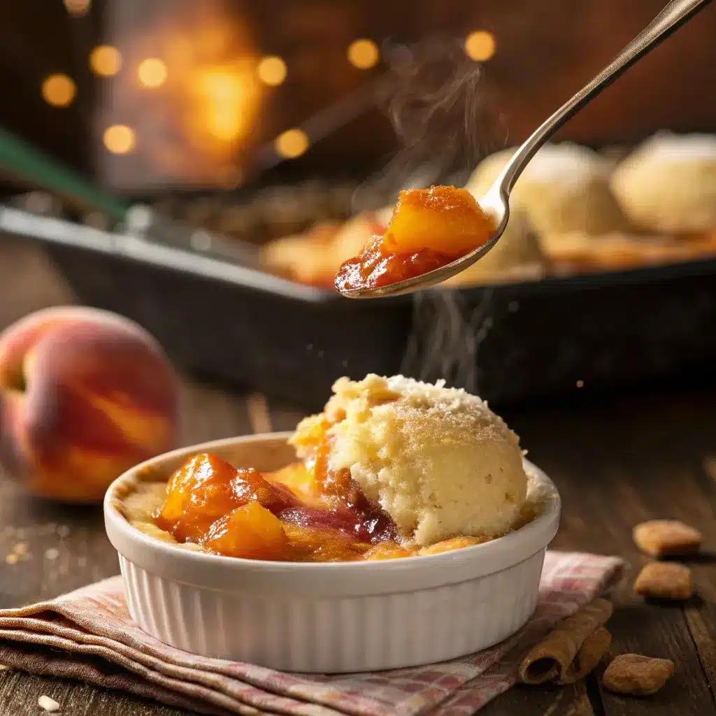 A spoon scooping into a baked peach dessert revealing the juicy fruit base common to both cobbler and crumble.
