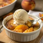 Close up of warm peach cobbler with cake mix topped with melting vanilla ice cream in a white bowl.