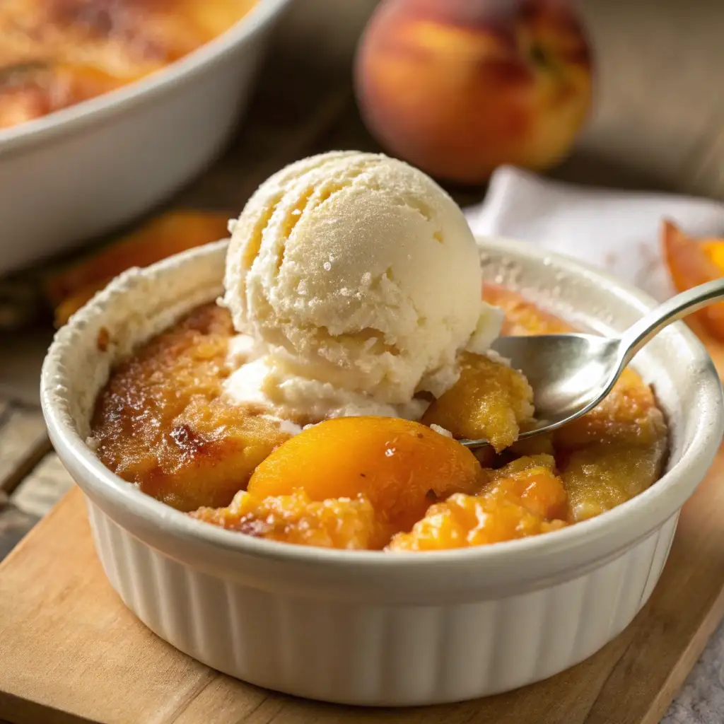 Close up of warm peach cobbler with cake mix topped with melting vanilla ice cream in a white bowl.