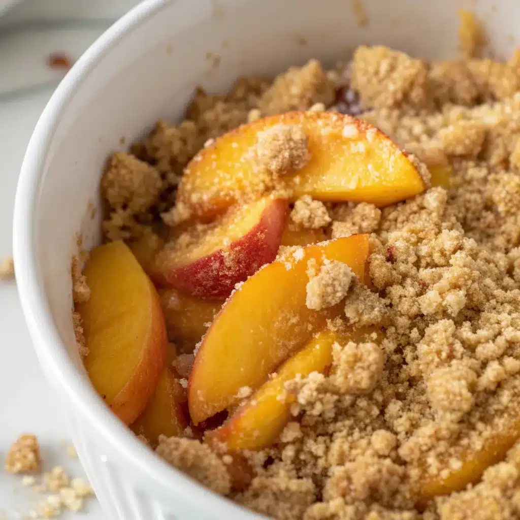 Close up of peach crumble showing the sandy, crunchy streusel topping without oats.
