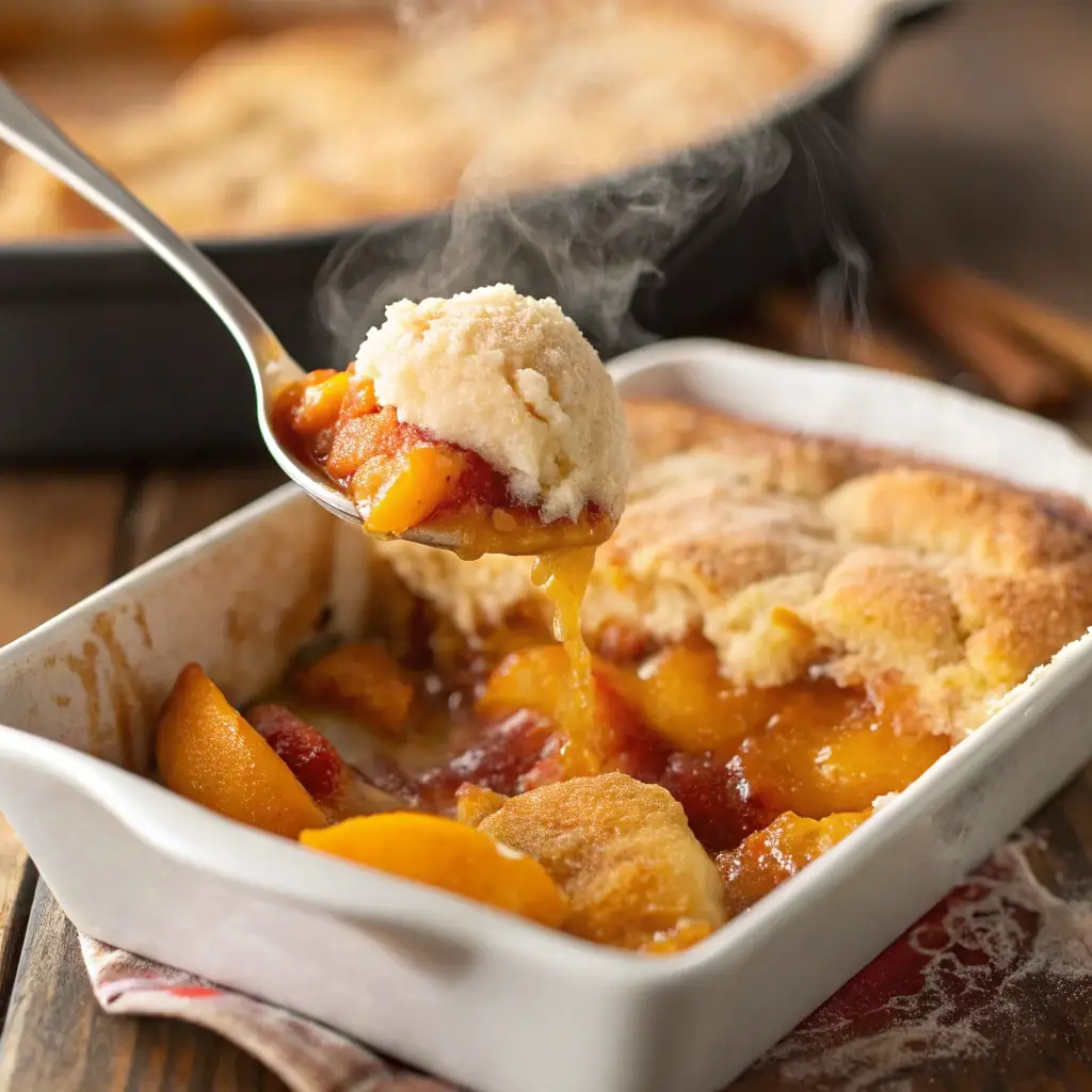 A serving spoon lifting a hot portion of peach cobbler with cake mix revealing juicy peaches underneath.
