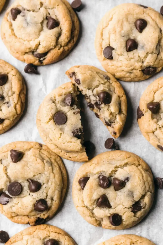 Chewy Small Batch Chocolate Chip Cookies (No-Chill & One-Bowl!) 2 Close-up of golden-brown small batch chocolate chip cookies resting on parchment paper over a clean marble surface.