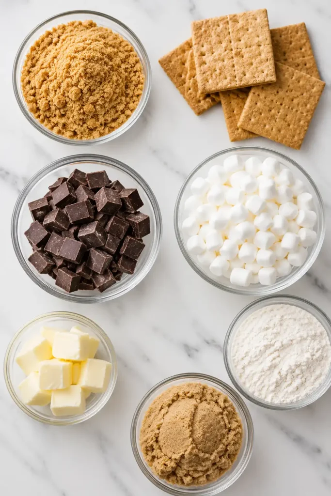 Flat lay of s'mores cookie ingredients including marshmallows, chocolate chunks, and graham crackers on marble.