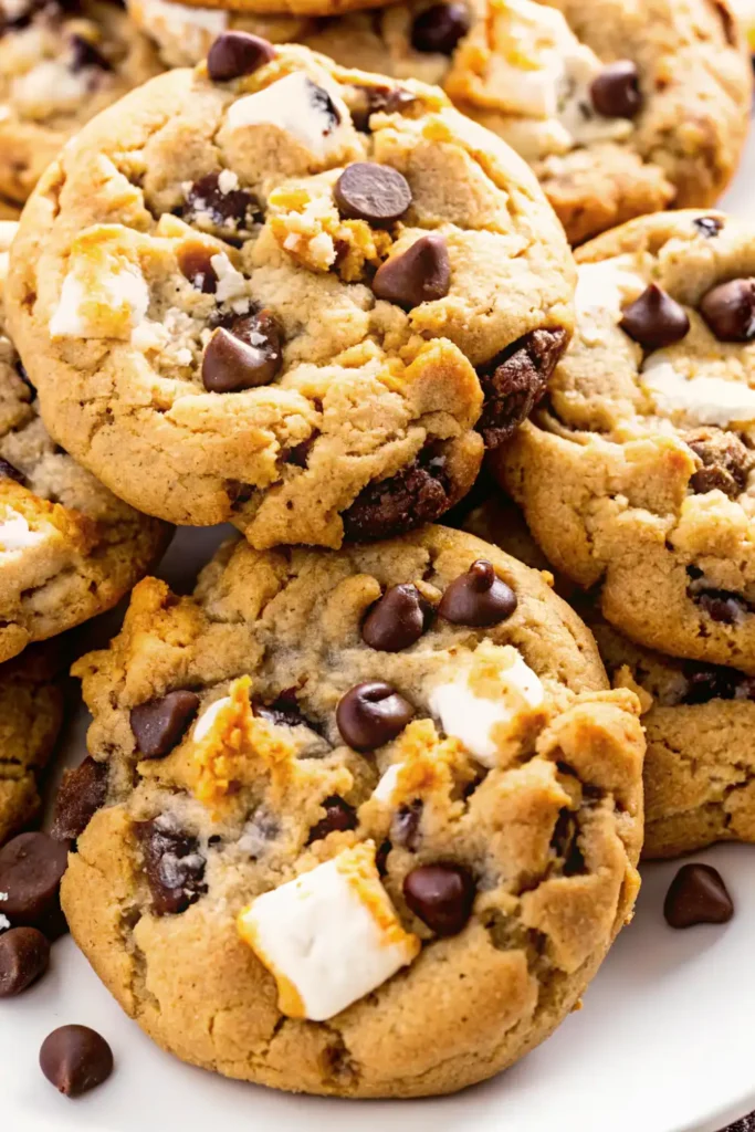 A freshly baked s'mores cookie broken in half on a white wire cooling rack, showing a soft-baked center and toasted marshmallows.