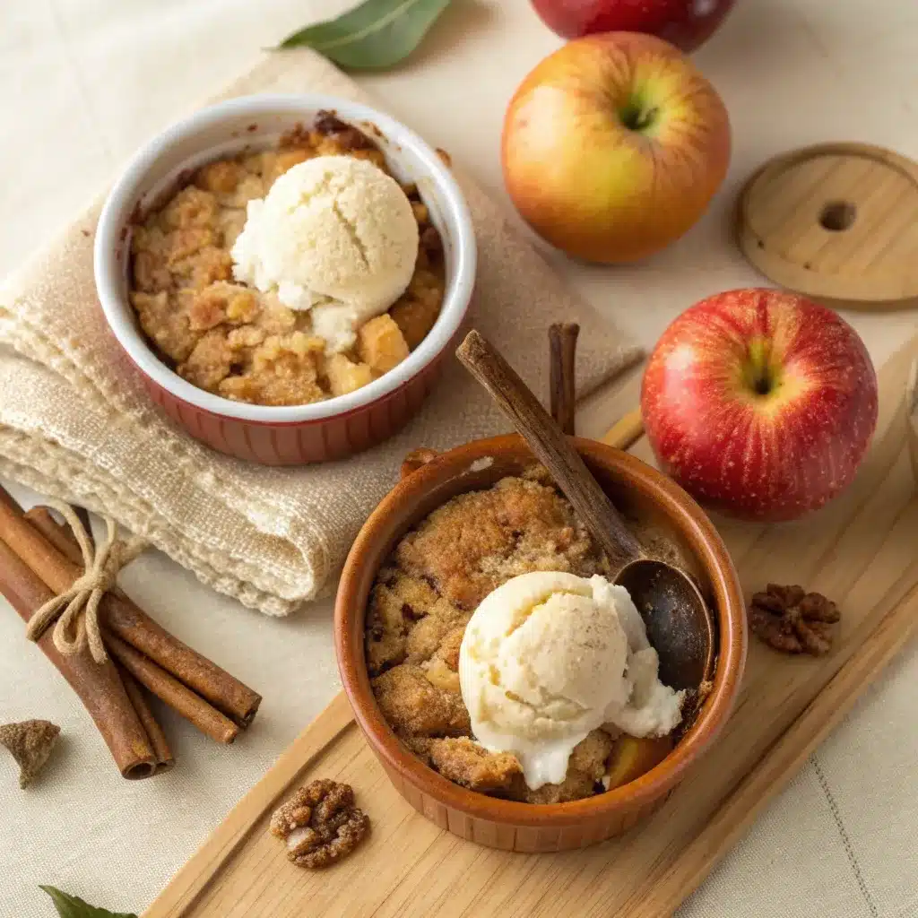Overhead comparison of apple cobbler and apple crumble showing their different toppings.