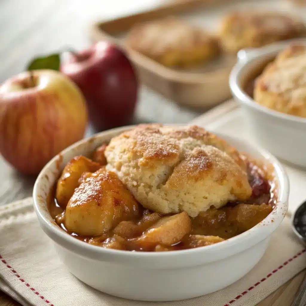 Close-up texture of apple cobbler for the apple cobbler and apple crumble comparison.