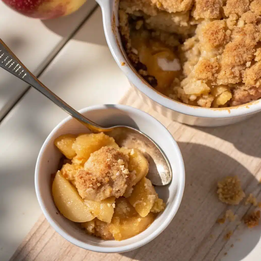 Spoonful comparison of apple cobbler and apple crumble showing their contrasting textures.