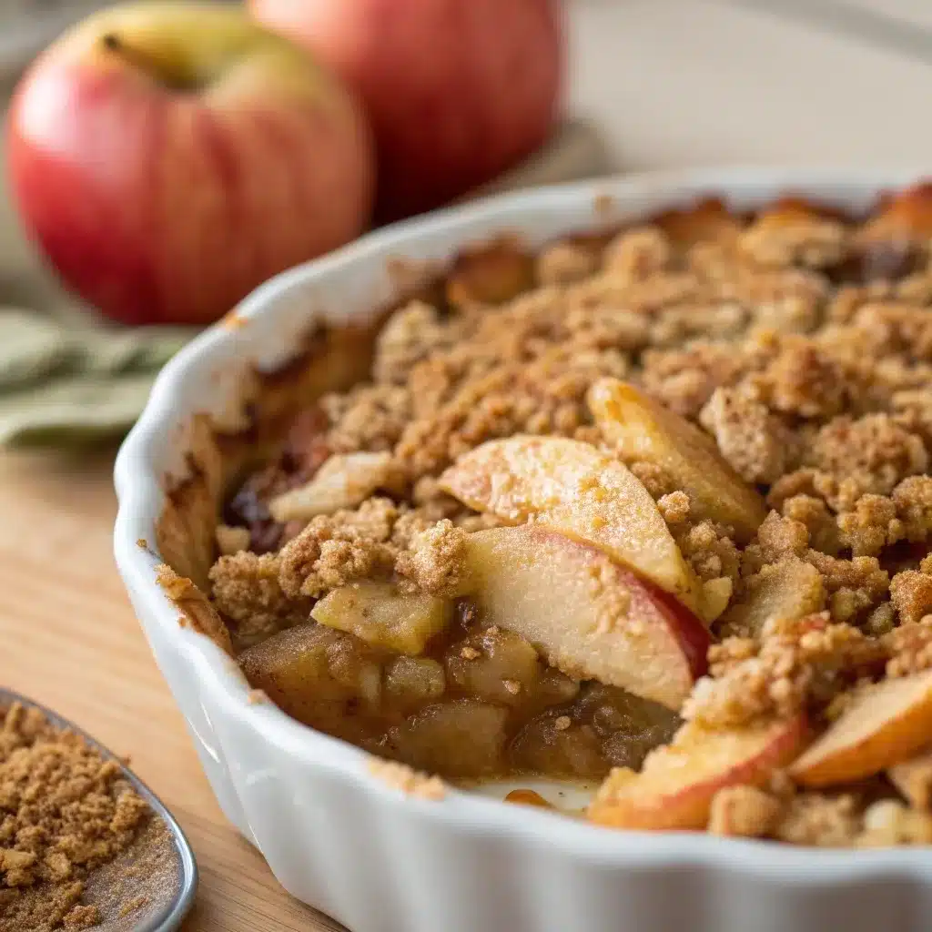 Close-up crumble topping used to show differences between apple cobbler and apple crumble.