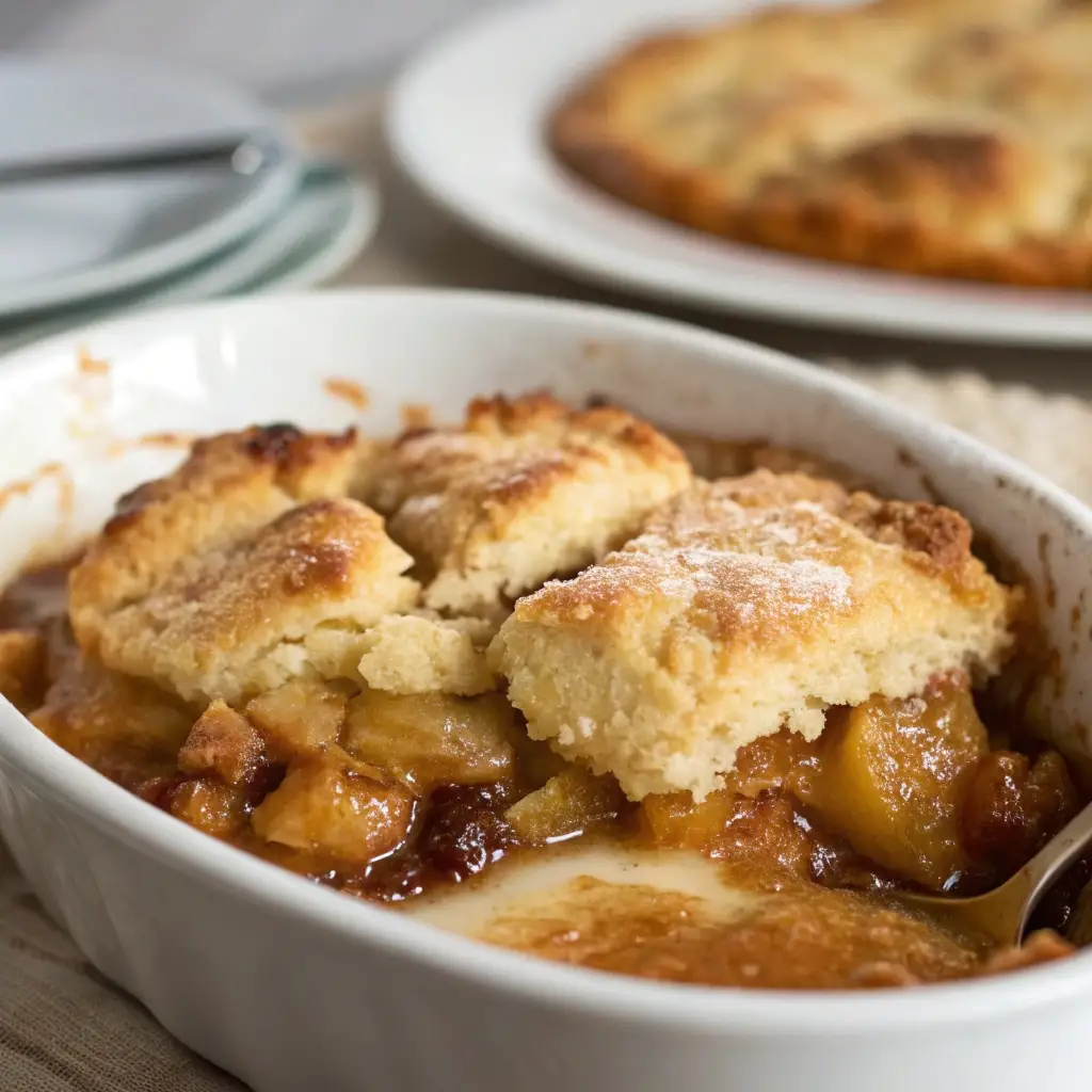 Extreme close-up of apple cobbler with golden biscuit topping and bubbling cinnamon apple filling.