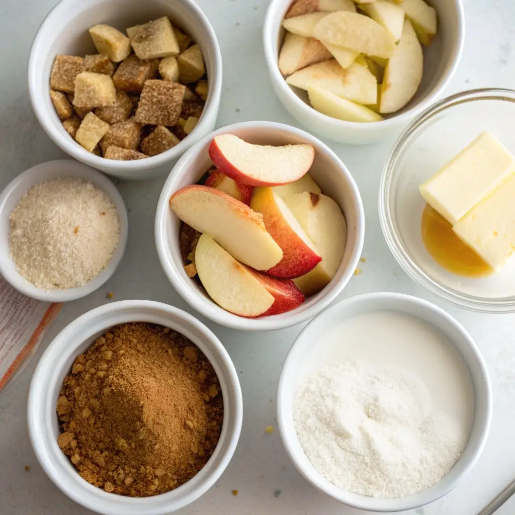 Close-up overhead image of sliced apples, sugar, flour, spices, and butter for an apple cobbler recipe.