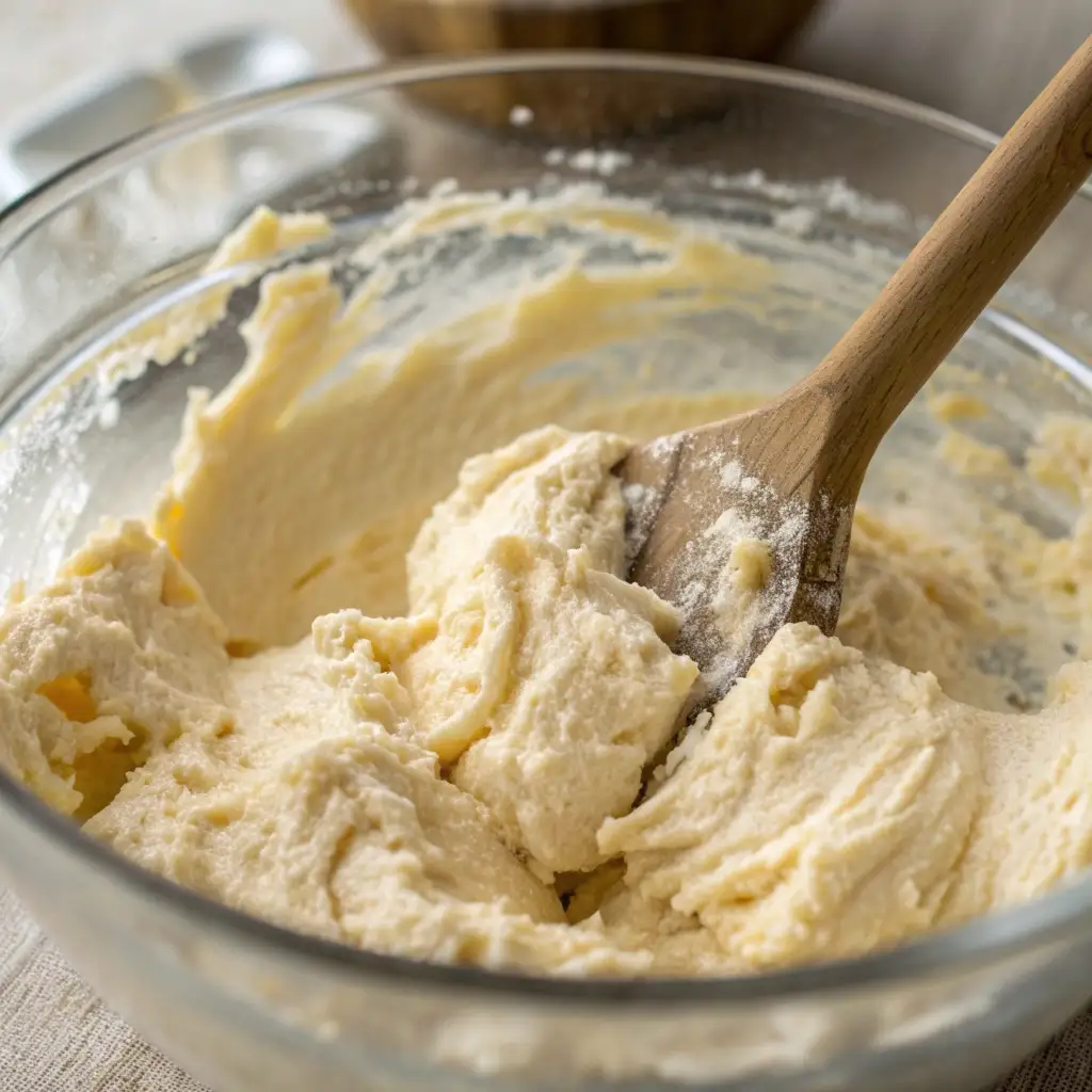 Macro close-up of cobbler batter being mixed for an apple cobbler topping.