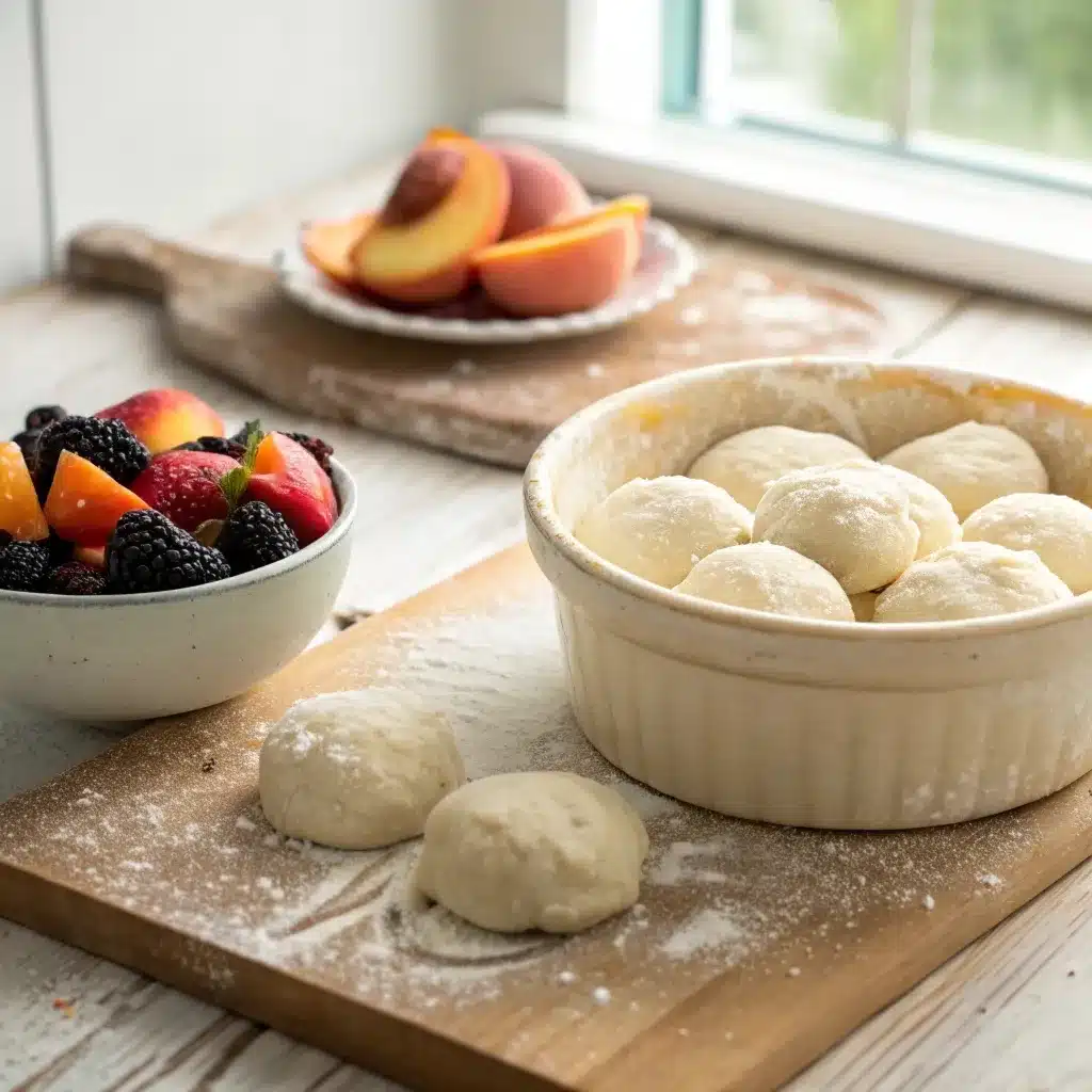 Raw biscuit dough and fresh peaches, the essential ingredients for what makes it a cobbler vs other desserts.