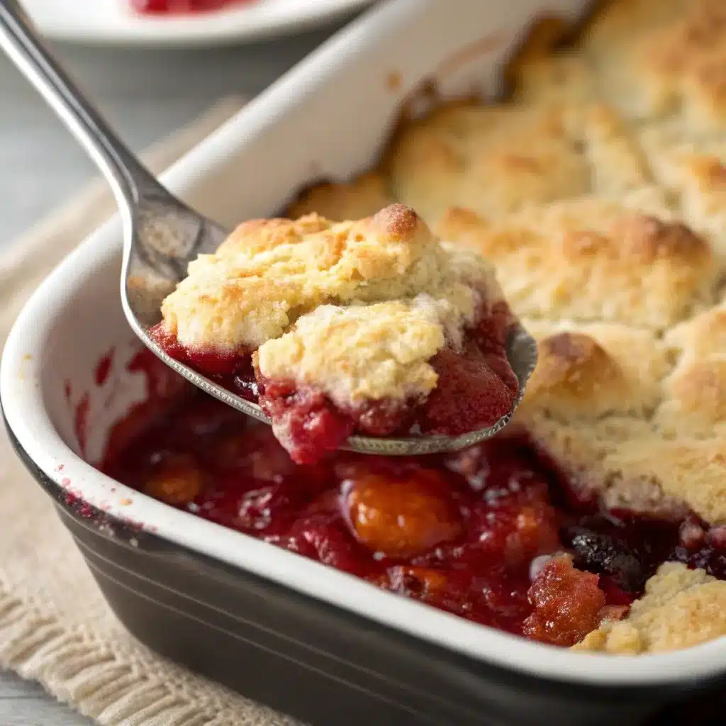 Spoon lifting the crust to reveal the soft underside, a key sign of what makes it a cobbler.
