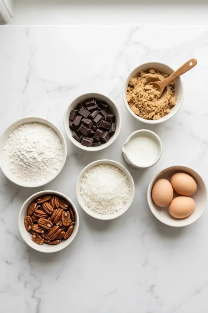 Measured ingredients for German chocolate cake including cake flour, sweet baking chocolate, shredded coconut, and toasted pecans in white bowls on marble.