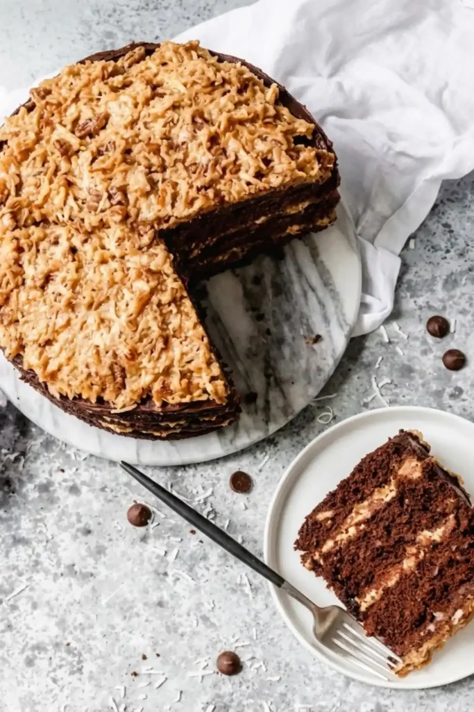 A neat slice of moist German chocolate cake showing distinct golden coconut-pecan layers on a gray ceramic plate.