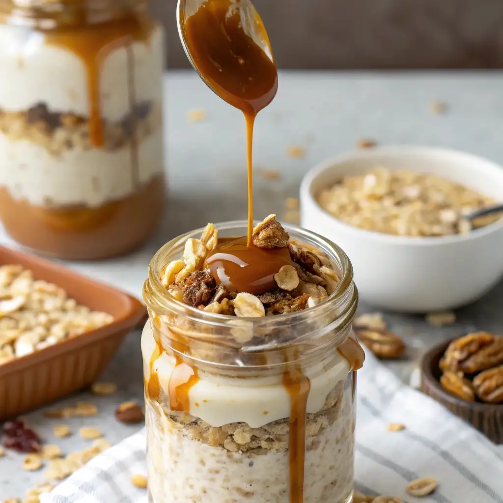 Drizzling caramel sauce inside the jar for overnight oats.