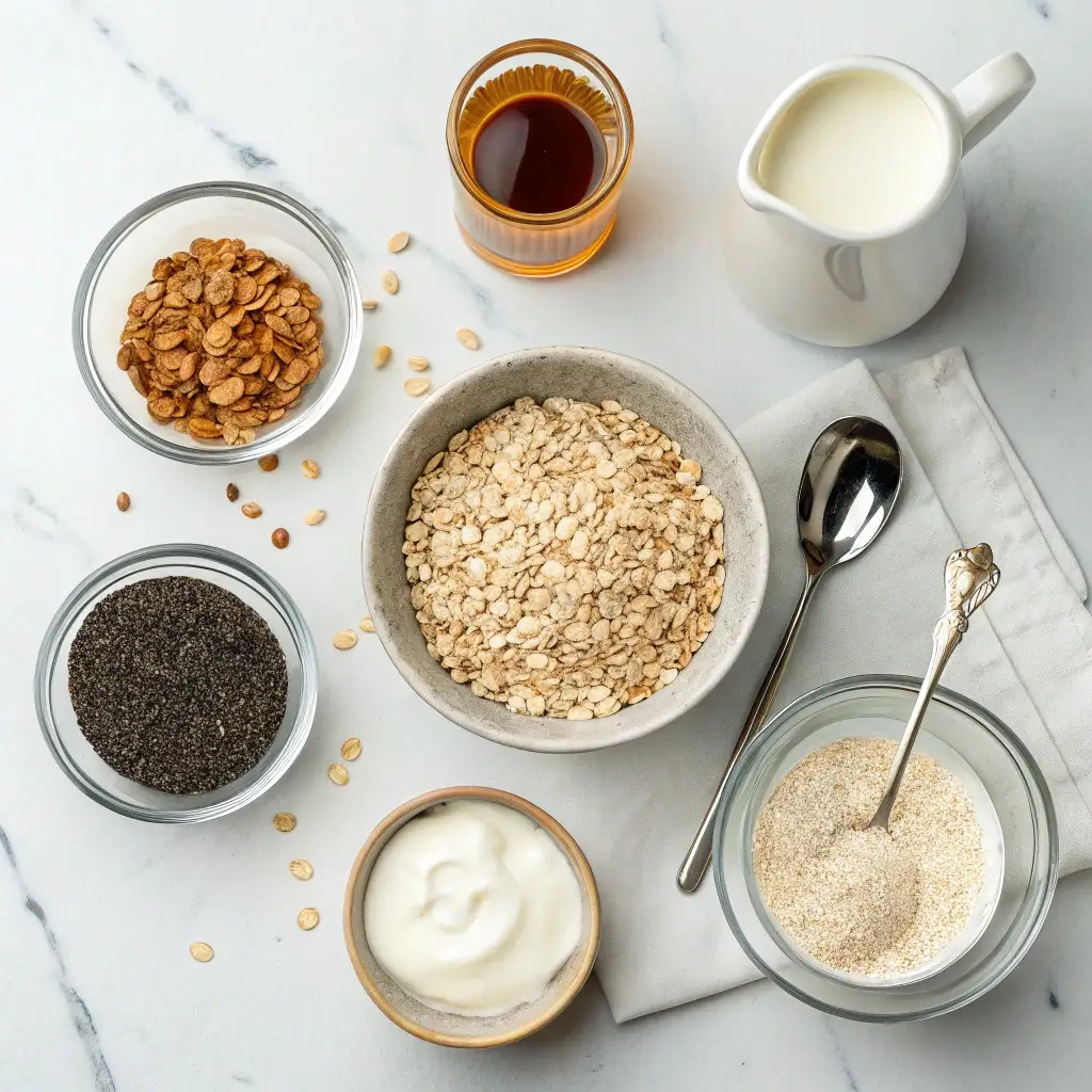 Ingredients for caramel macchiato overnight oats including oats, espresso, and caramel.