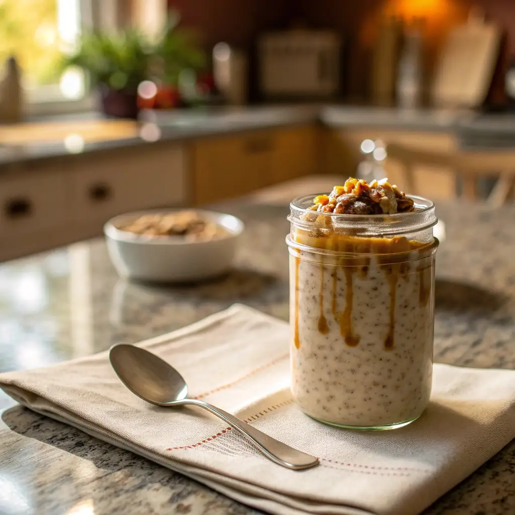 Enjoying a jar of creamy caramel macchiato overnight oats.
