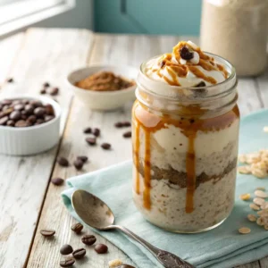 A mason jar filled with caramel macchiato overnight oats topped with yogurt and caramel drizzle.