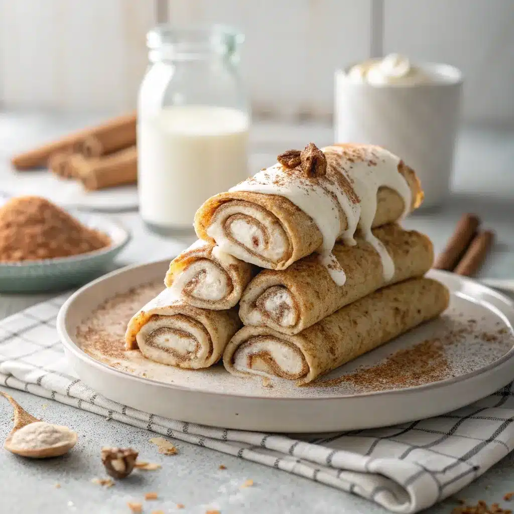 Stack of delicious cinnamon roll protein crepes drizzled with healthy icing.