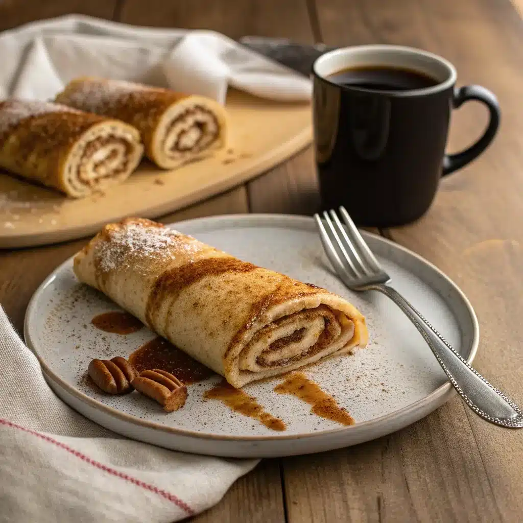 A serving of cinnamon roll protein crepes healthy breakfast plated with coffee.