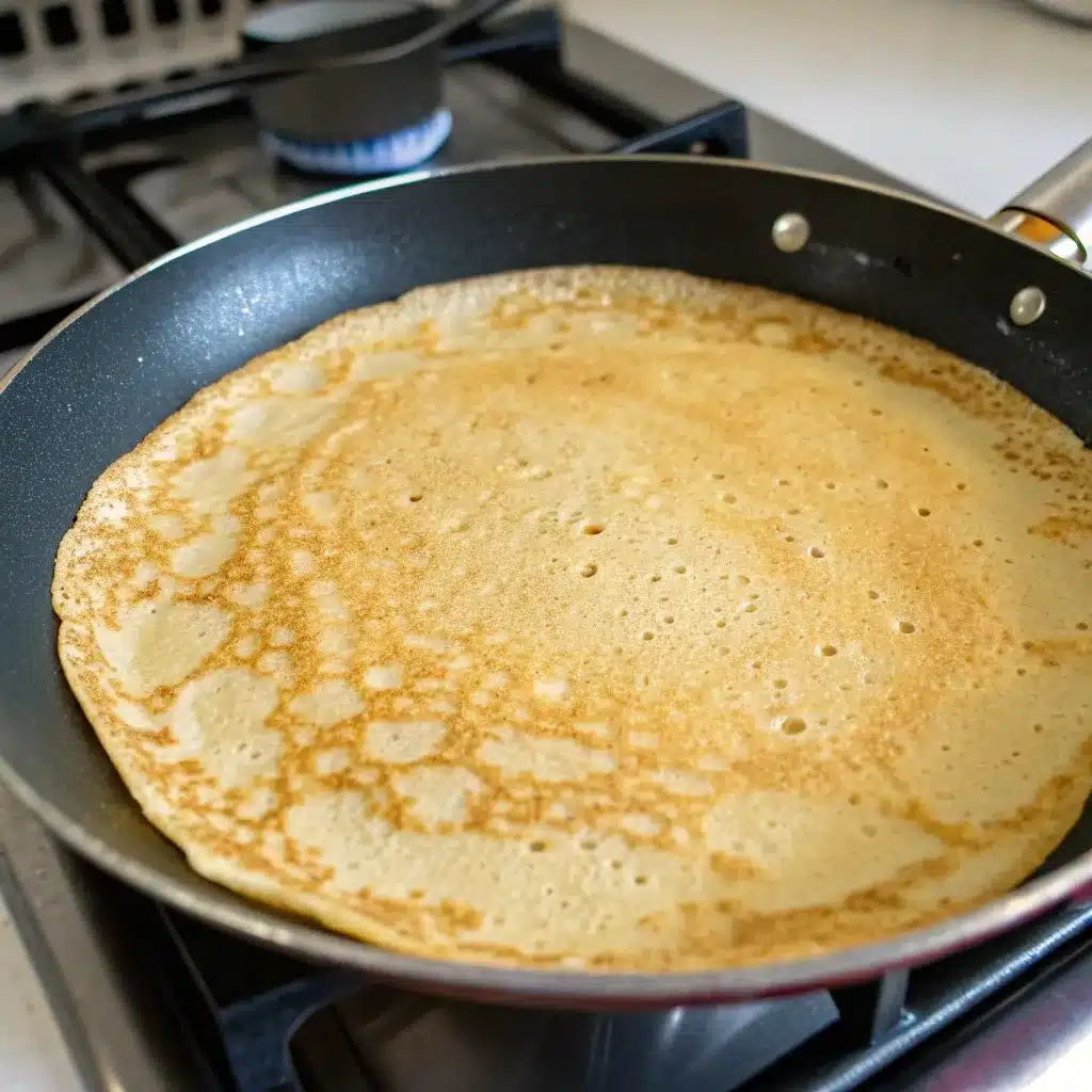 Swirling the batter to cook thin high protein egg white crepes in a pan.