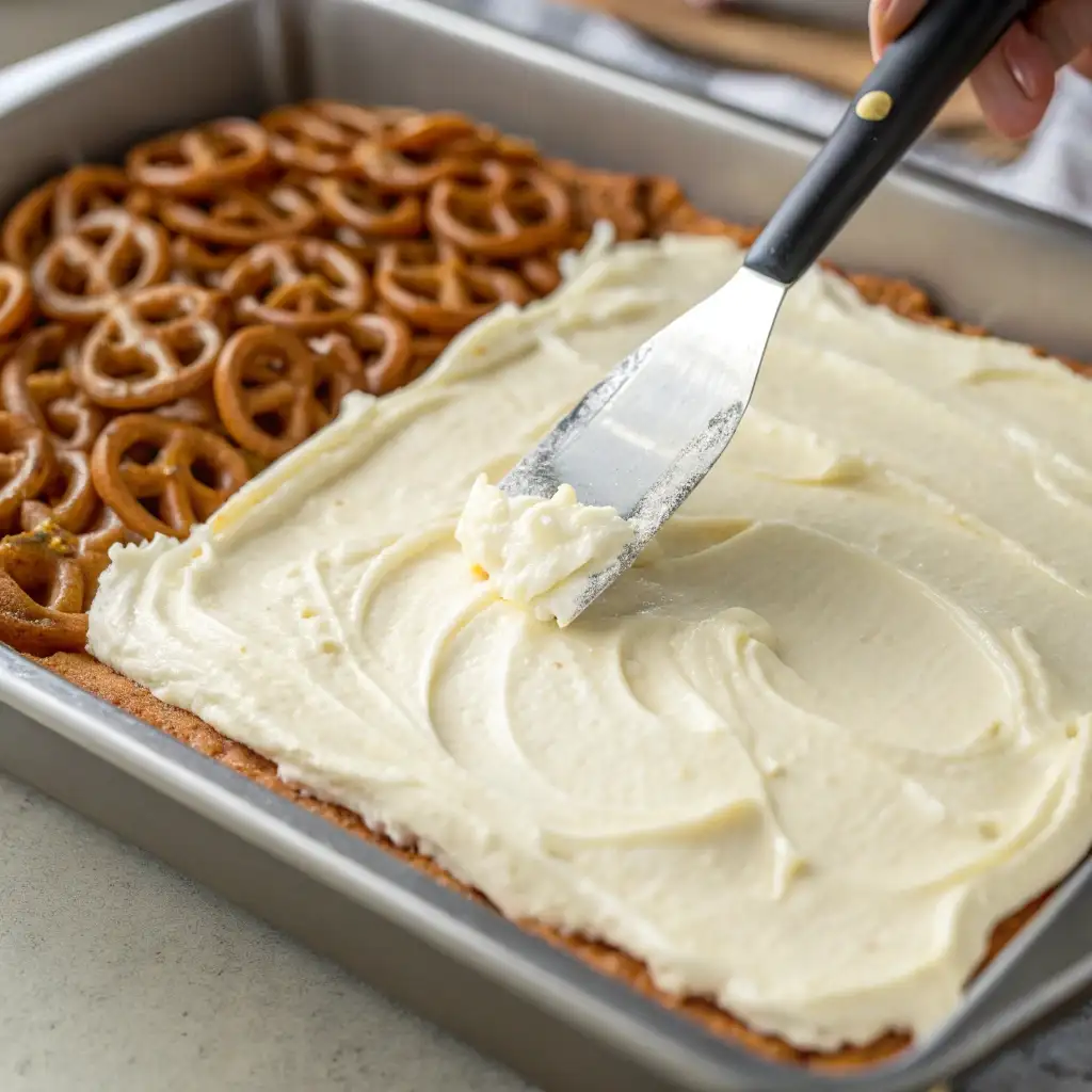 Spreading the cream cheese layer over the pretzel crust, sealing the edges.