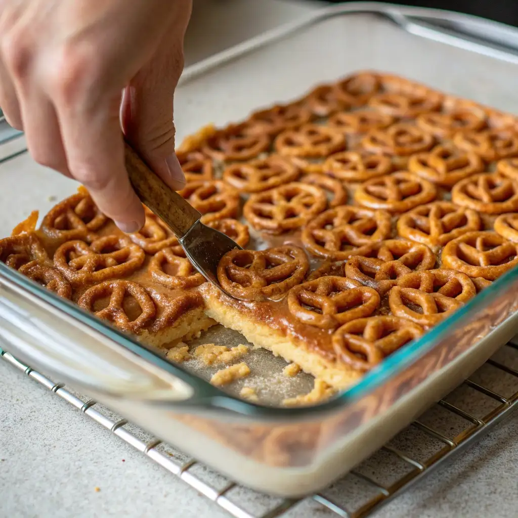 Pressing the baked pretzel crust into a 9x13 pan for the cranberry pretzel salad.