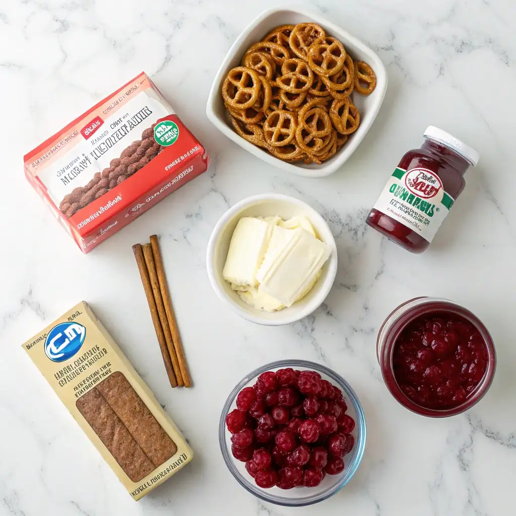 Ingredients for cranberry pretzel salad laid out on a counter.