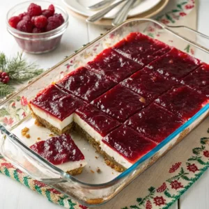 A top-down view of a finished cranberry pretzel salad in a glass dish, sliced into squares.
