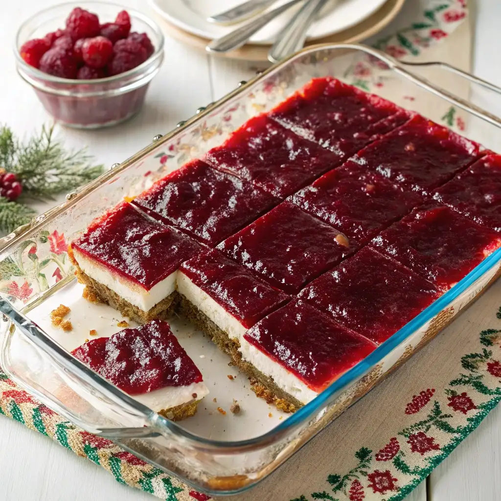 A top-down view of a finished cranberry pretzel salad in a glass dish, sliced into squares.