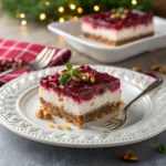A perfect slice of cranberry pretzel salad on a plate, showing all three layers.