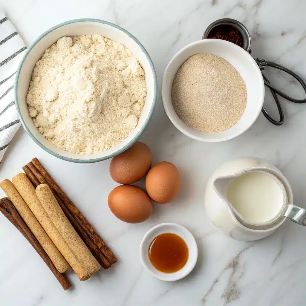Ingredients for easy cinnamon roll protein crepes including oat flour and vanilla whey.