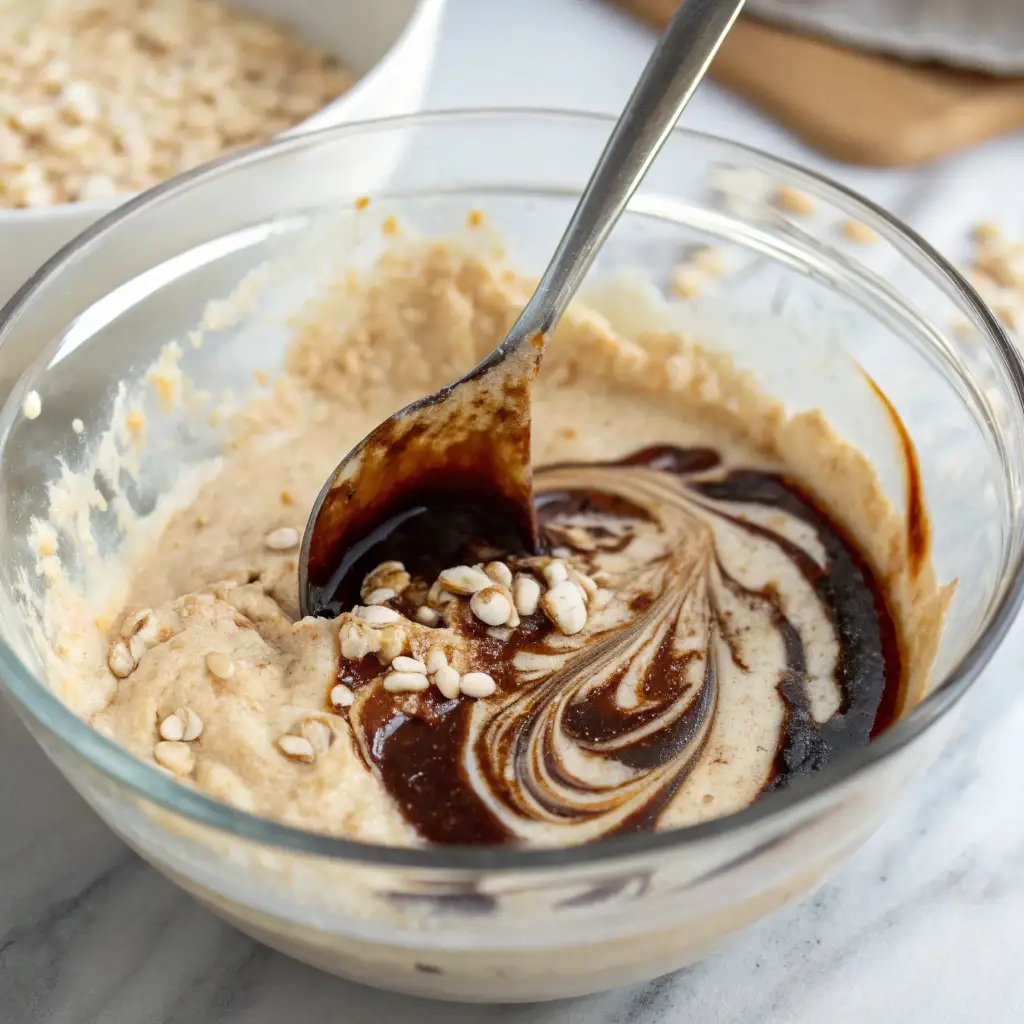 Stirring espresso and milk into the oat mixture.