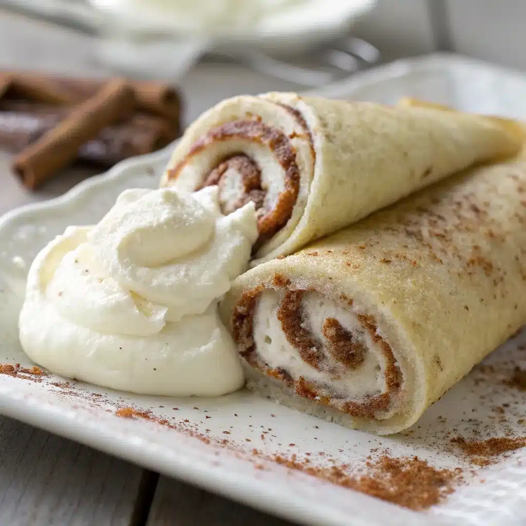 Rolling up a crepe filled with high protein cottage cheese cinnamon roll filling.