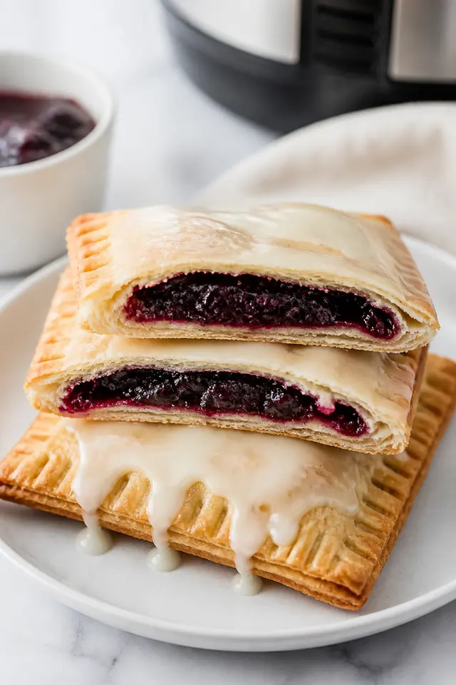 Close-up air fryer homemade pop tarts with flaky layers, berry filling, and white icing