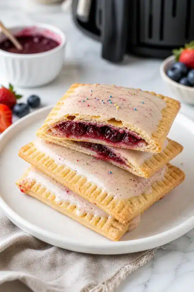 Air fryer homemade pop tarts stacked with berry filling, pale icing, and an air fryer in the background
