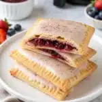 Air fryer homemade pop tarts stacked with berry filling, pale icing, and an air fryer in the background