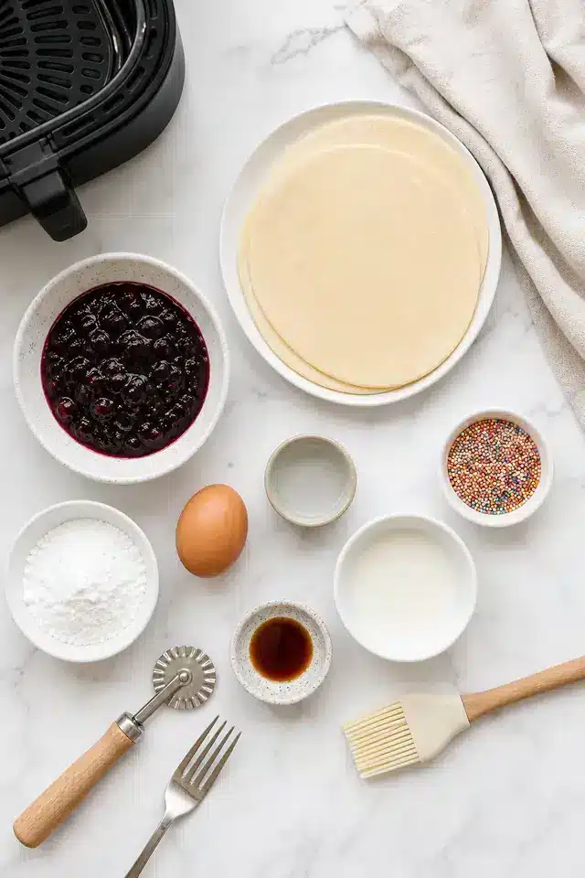 Ingredients for air fryer homemade pop tarts with pie crusts, berry filling, powdered sugar, egg, milk, vanilla, and sprinkles
