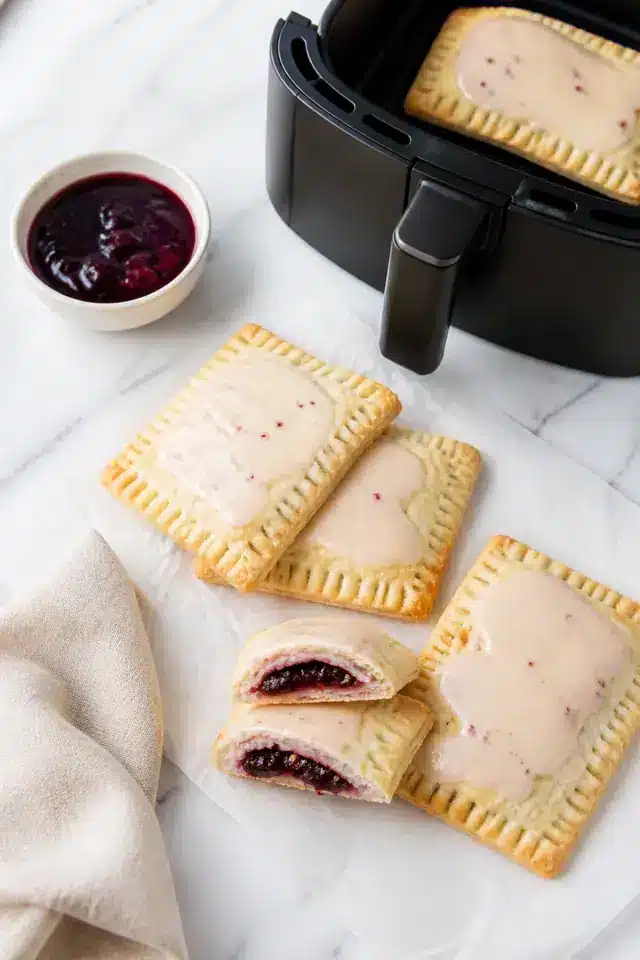 Air fryer homemade pop tarts on parchment with berry filling, pale icing, and an air fryer basket